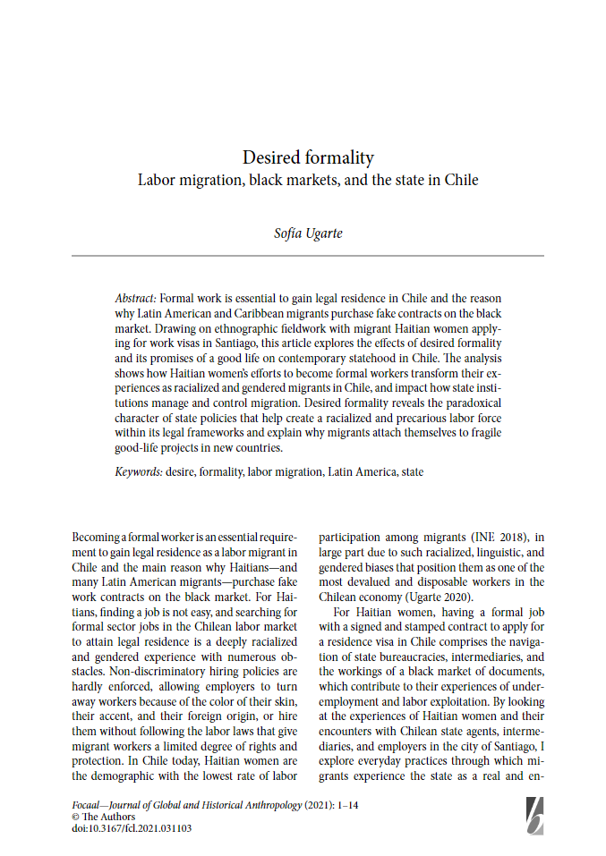 Title page of the article "Desired Formality. Labor migration, black markets, and the state in Chile." by Sofía Ugarte. 