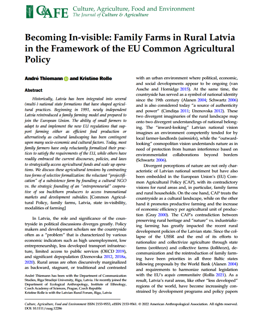 Title page of the article "Becoming In-visible: Family Farms in Rural Latvia in the Framework of the EU Common Agricultural Policy" by André Thiemann and Kristine Rolle.