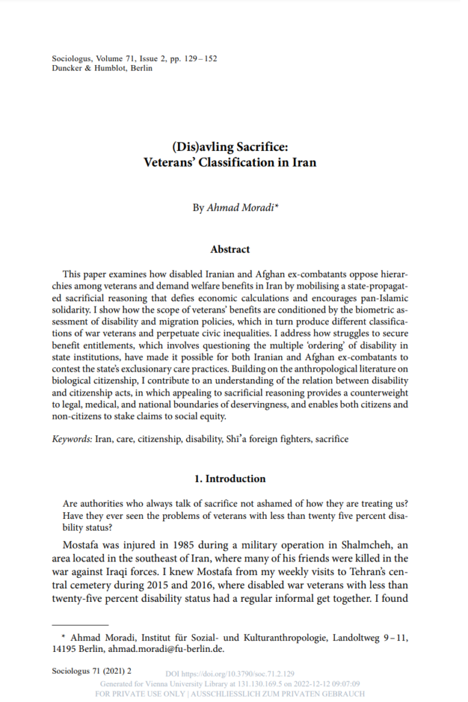 Title page of the article "(Dis)abling Sacrifice. Hierarchies of Loss, Brotherhood and Veterans' Classification in Iran" by Ahmad Moradi. 