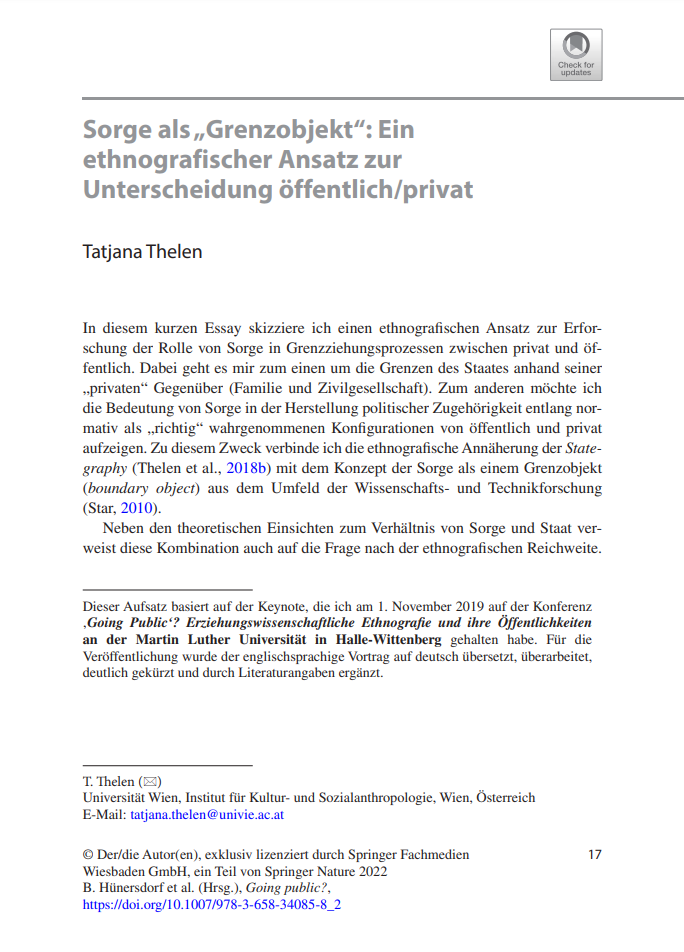 Title page of "Sorge als 'Grenzobjekt'. Ein ethnografischer Ansatz zur Unterscheidung öffentlich/privat" von Tatjana Thelen.