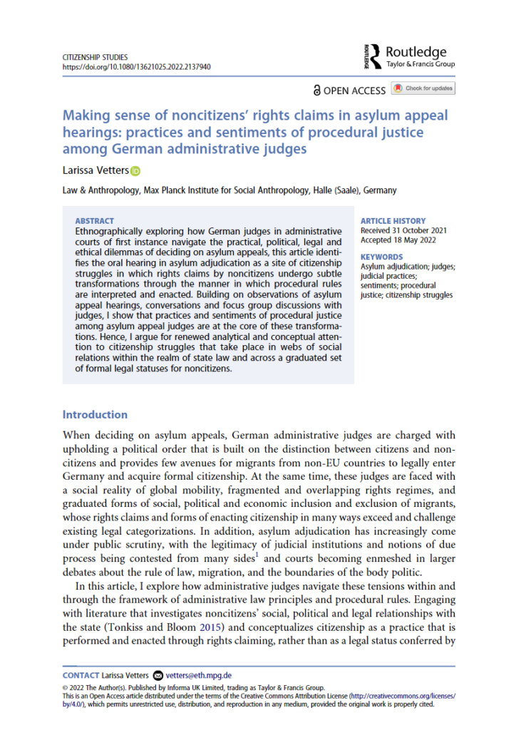 Title page of the article "Making sense of noncitizens' rights claims in asylum appeal hearings: practices and sentiments of procedural justice among German administrative judges" by Larissa Vetters. 
